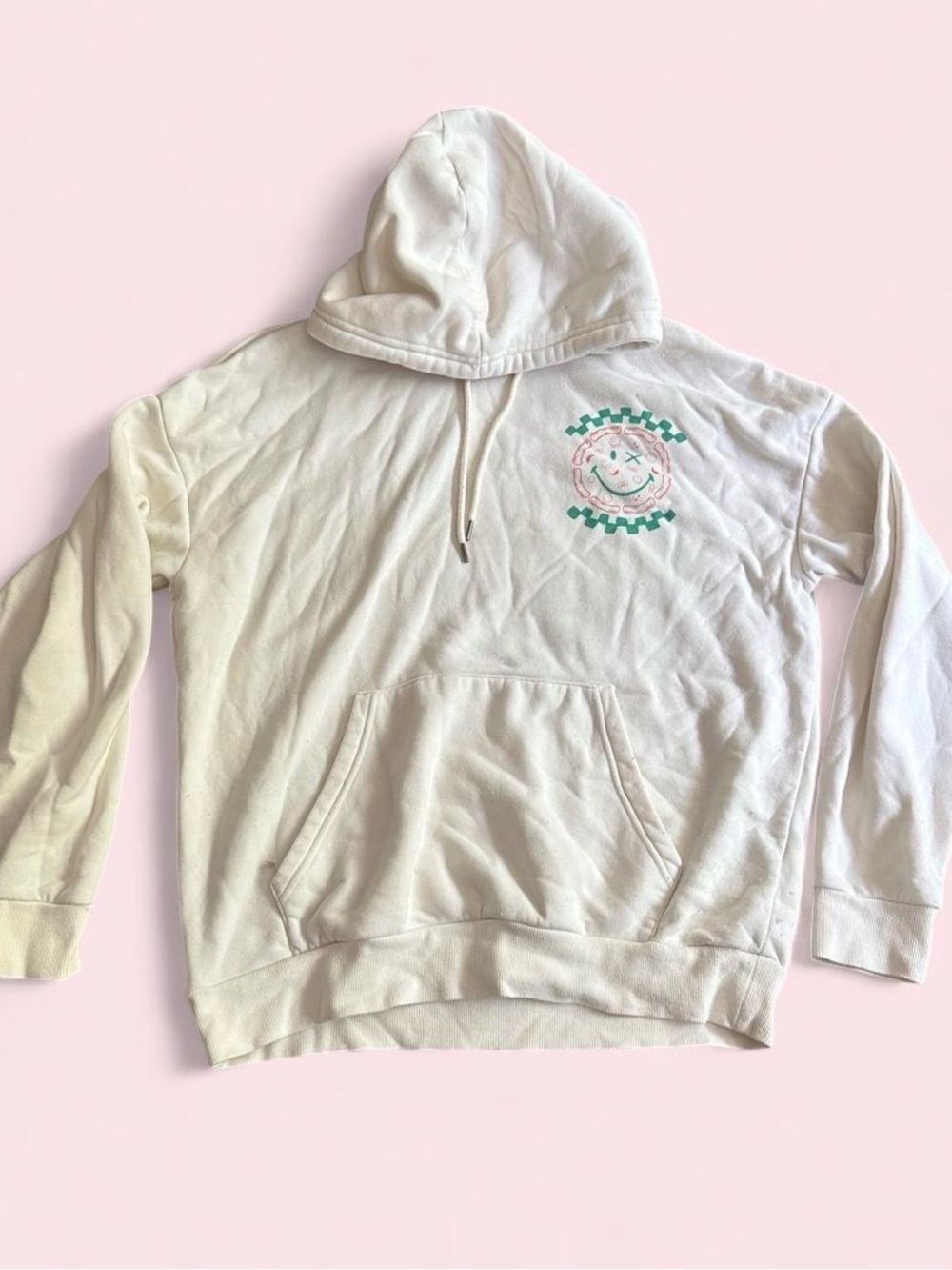 Cream Hoodie with Green Check Smiley Chest Graphic
